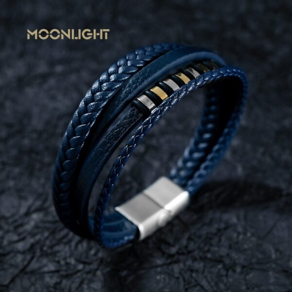 Men's silver blue bracelet in genuine leather and stainless steel details - Image 2