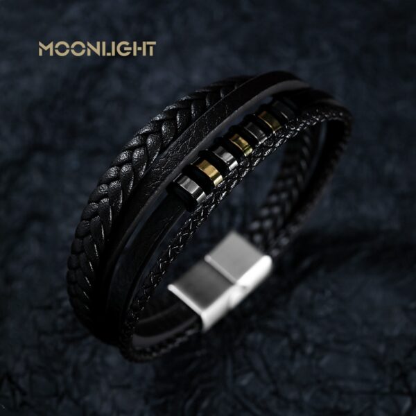 Men's silver blue bracelet in genuine leather and stainless steel details - Image 3