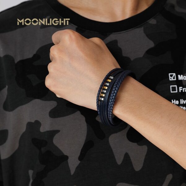 Men's silver blue bracelet in genuine leather and stainless steel details - Image 4