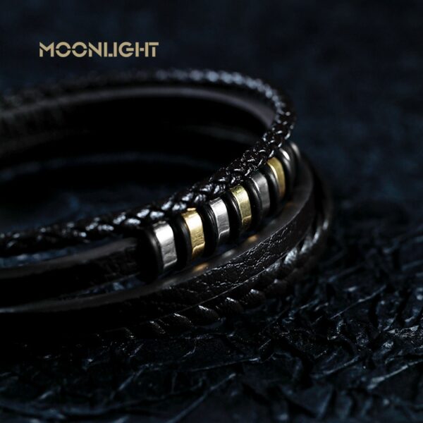 Men's silver blue bracelet in genuine leather and stainless steel details - Image 5