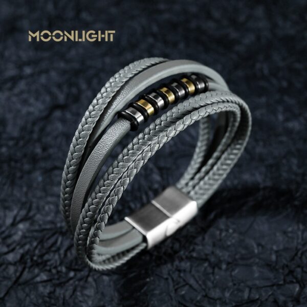 Men's silver blue bracelet in genuine leather and stainless steel details